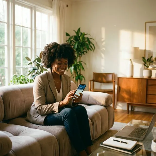 Managing business from home on sofa